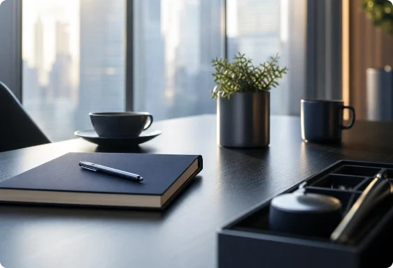 a notebook and pen, a cup with building in the background